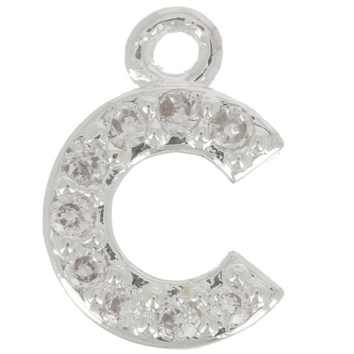Breloque lettre alphabet 8 mm avec oxydes de Zirconium  - C - Placage Argent fin - Crystal x1