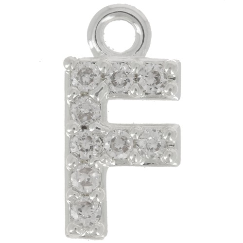 Breloque lettre alphabet 8 mm avec oxydes de Zirconium  - F - Placage Argent fin - Crystal x1