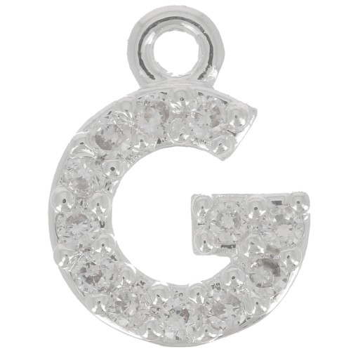 Breloque lettre alphabet 8 mm avec oxydes de Zirconium  - G - Placage Argent fin - Crystal x1
