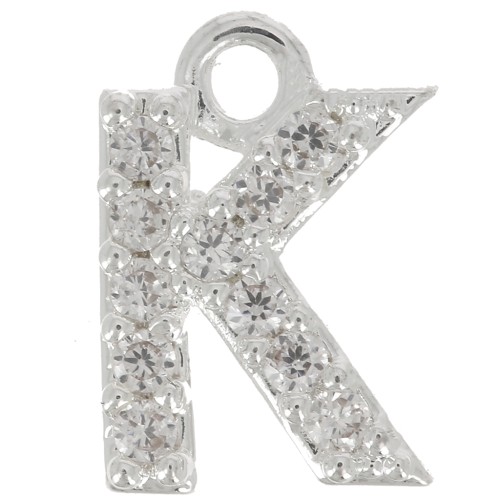 Breloque lettre alphabet 7.5 mm avec oxydes de Zirconium - K - Placage Argent fin - Crystal x1
