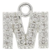 Breloque lettre alphabet 7 mm avec oxydes de Zirconium  - M - Placage Argent fin - Crystal x1