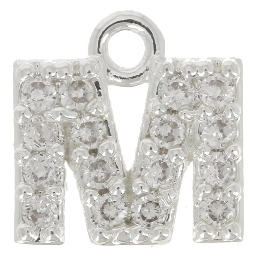 Breloque lettre alphabet 7 mm avec oxydes de Zirconium - M - Placage Argent fin - Crystal x1