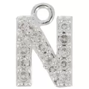 Breloque lettre alphabet 8 mm avec oxydes de Zirconium - N - Placage Argent fin - Crystal x1