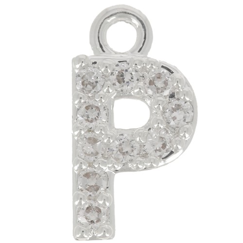 Breloque lettre alphabet 8 mm avec oxydes de Zirconium - P - Placage Argent fin - Crystal x1