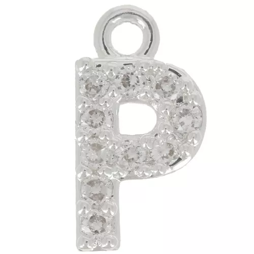 Breloque lettre alphabet 8 mm avec oxydes de Zirconium - P - Placage Argent fin - Crystal x1