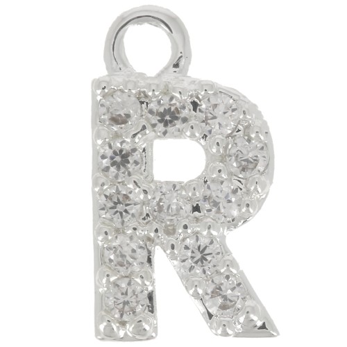 Breloque lettre alphabet 8 mm avec oxydes de Zirconium  - R - Placage Argent fin - Crystal x1