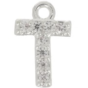 Breloque lettre alphabet 8 mm avec oxydes de Zirconium  - T - Placage Argent fin - Crystal x1