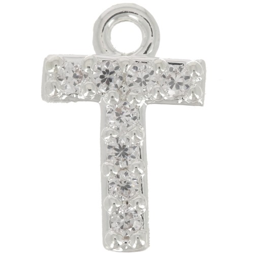 Breloque lettre alphabet 8 mm avec oxydes de Zirconium  - T - Placage Argent fin - Crystal x1