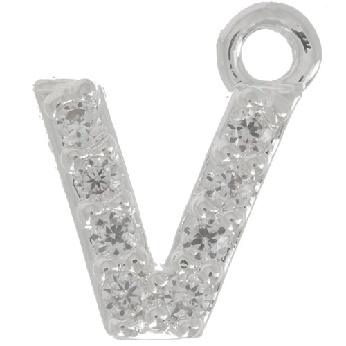 Breloque lettre alphabet 7 mm avec oxydes de Zirconium  - V - Placage Argent fin - Crystal x1