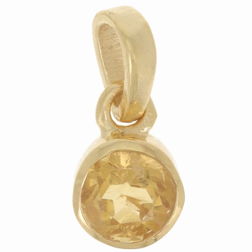 Pendentif rond facetté 7 mm pierre gemme - Argent 925 Doré à l'or fin - Citrine x1