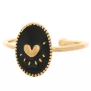 Bague ovale ajustable avec résine époxy - motif coeur - Doré à l'or fin - Noir x1