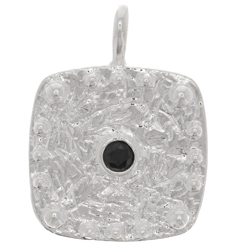 Pendentif carré martelé avec oxyde de Zirconium  21x16 mm - Placage Argent fin - Noir x1