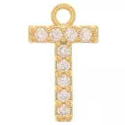 Breloque lettre alphabet 10 mm avec oxydes de Zirconium - T - Doré - Crystal x1