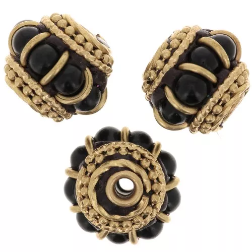 Perle rondelle Indonésienne ethnique 11x13 mm - Noir - Doré x1