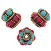 Perle Indonésienne ethnique 11.5x11 mm - Rouge - Turquoise x1|raw }}