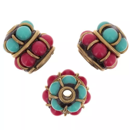 Perle Indonésienne ethnique 11.5x11 mm - Rouge - Turquoise x1