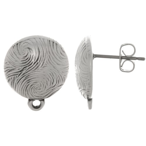 Clous d'oreilles rond strié 14 mm - Placage Argent fin vieilli x2