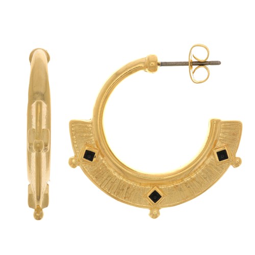 Créoles ethnique texturée avec résine époxy 29 mm - Doré à l'or fin - Noir x2