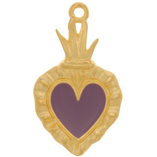 Pendentif coeur Ex-voto 27x15 mm avec résine époxy - Doré à l'or fin - Prune x1