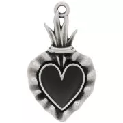 Pendentif coeur Ex-voto 27x15 mm avec résine époxy - Argenté vieilli - Noir x1