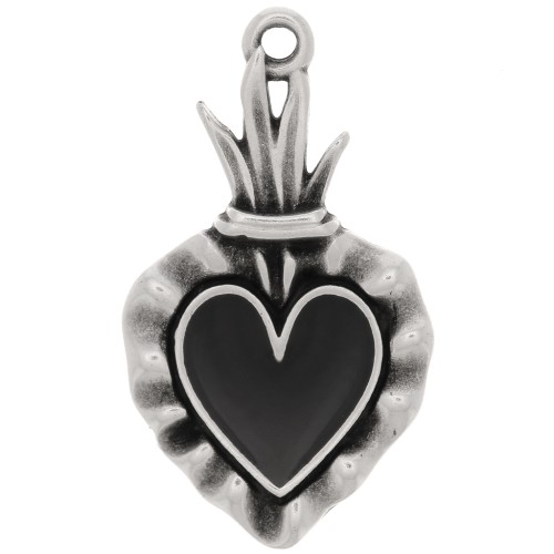 Pendentif coeur Ex-voto 27x15 mm avec résine époxy - Argenté vieilli - Noir x1