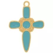 Pendentif croix 28x19 mm avec résine époxy - Doré à l'or fin - Turquoise x1
