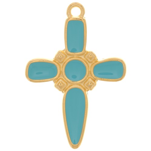 Pendentif croix 28x19 mm avec résine époxy - Doré à l'or fin - Turquoise x1