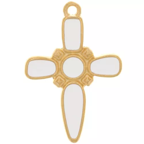 Pendentif croix 28x19 mm avec résine époxy - Doré à l'or fin - Blanc x1