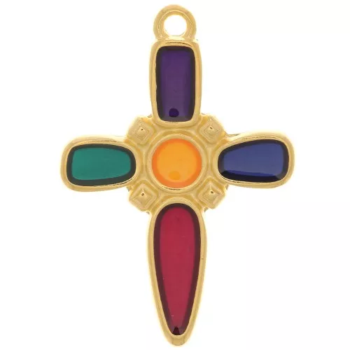 Pendentif croix 28x19 mm avec résine époxy - Doré à l'or fin - Multicolore x1