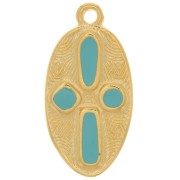 Pendentif ovale motif croix 23x12 mm - résine époxy - Doré à l'or fin - Turquoise