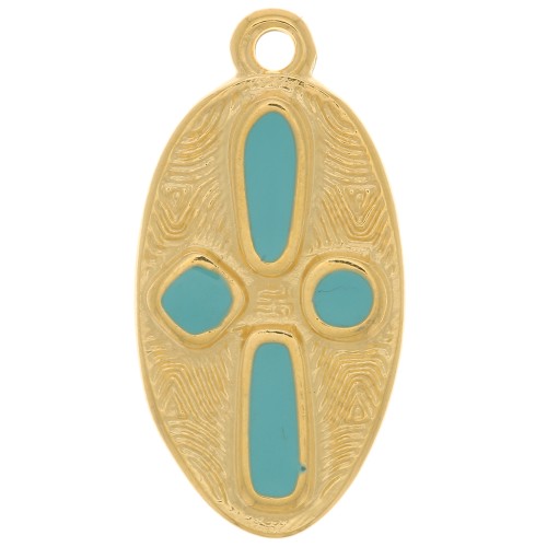 Pendentif ovale motif croix 23x12 mm - résine époxy - Doré à l'or fin - Turquoise