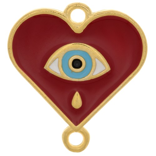 Intercalaire coeur motif oeil avec résine époxy 18x17 mm Doré à l'or fin - Rouge