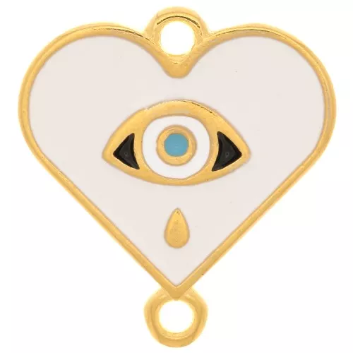 Intercalaire coeur motif oeil avec résine époxy 18x17 mm Doré à l'or fin - Blanc