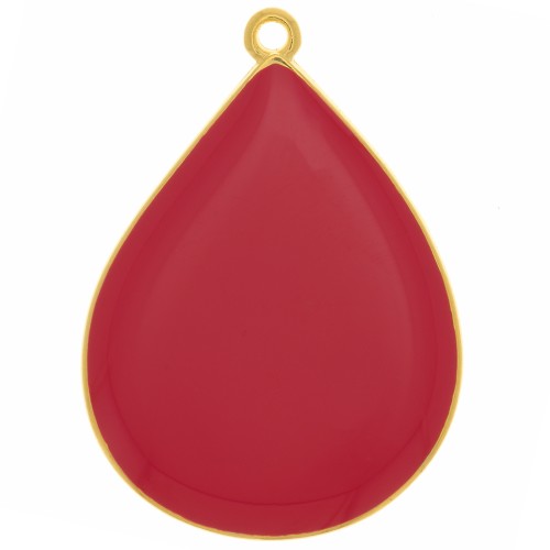 Pendentif goutte avec résine époxy 32x23 mm - Doré à l'or fin - Rouge x1