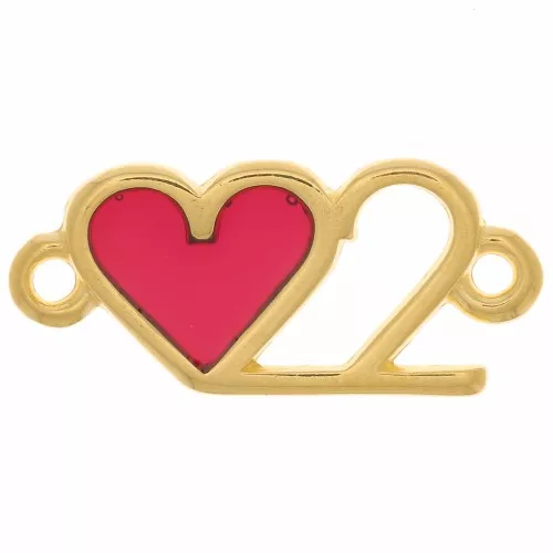 Intercalaire double coeur avec résine époxy 20x9 mm - Doré à l'or fin - Rouge x1