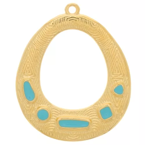Pendentif ovale évidé ethnique - résine époxy 34x28mm Doré à l'or fin - Turquoise