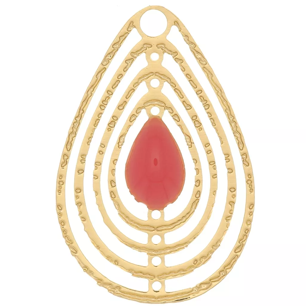 Collier Pendentif Doré Vieilli Avec Agate Rose En Forme De Goutte - Style Art Nouveau - Neuf