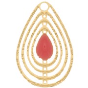 Breloque goutte ajourée avec résine époxy 18x12 mm - Doré - Rose corail x1