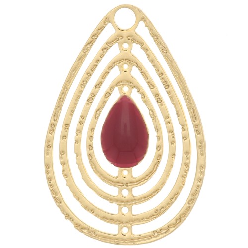Breloque goutte ajourée avec résine époxy 18x12 mm - Doré - Lie de vin x1