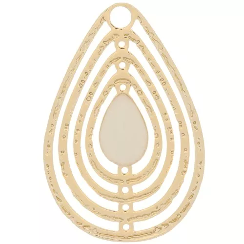 Breloque goutte ajourée avec résine époxy 18x12 mm - Doré - Crème x1