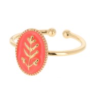 Bague ovale réglable avec résine époxy motif feuille - Doré à l'or fin - Orange x1