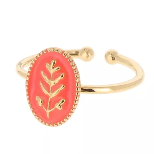 Bague ovale réglable avec résine époxy motif feuille - Doré à l'or fin - Orange x1