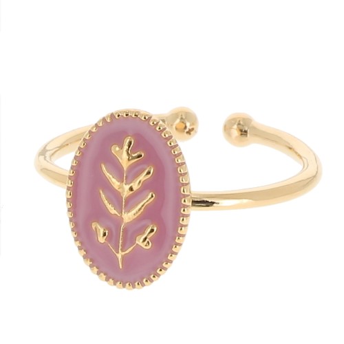 Bague ovale réglable & résine époxy motif feuille - Doré à l'or fin - Vieux rose