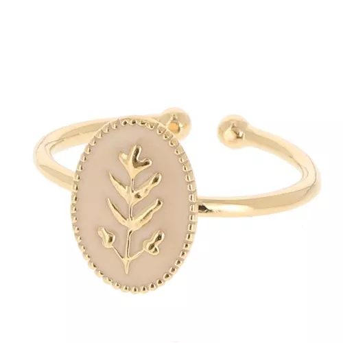 Bague ovale réglable & résine époxy motif feuille - Doré à l'or fin - Nude x1