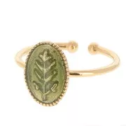 Bague ovale réglable & résine époxy motif feuille Doré à l'or fin - Vert pailleté