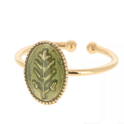 Bague ovale réglable & résine époxy motif feuille Doré à l'or fin - Vert pailleté