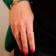 Bague ovale réglable & résine époxy motif feuille Doré à l'or fin - Vert pailleté