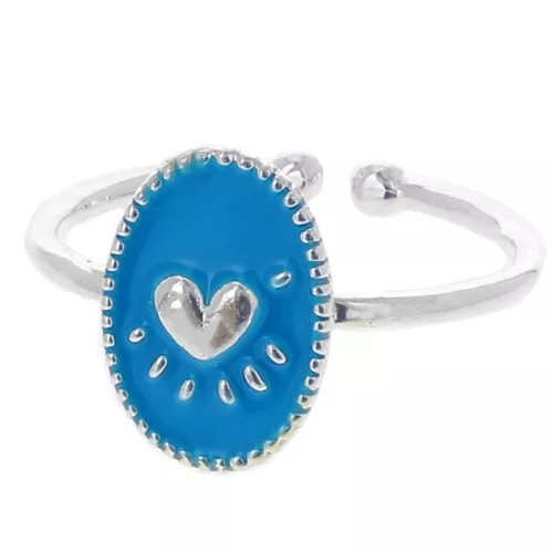 Bague ovale ajustable & résine époxy - motif coeur - Placage argent fin - Bleu