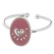Bague ovale ajustable & résine époxy motif coeur - Placage argent fin - Vieux rose|raw }}