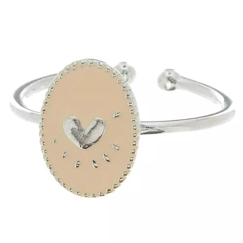 Bague ovale ajustable & résine époxy motif coeur - Placage argent fin - Nude
